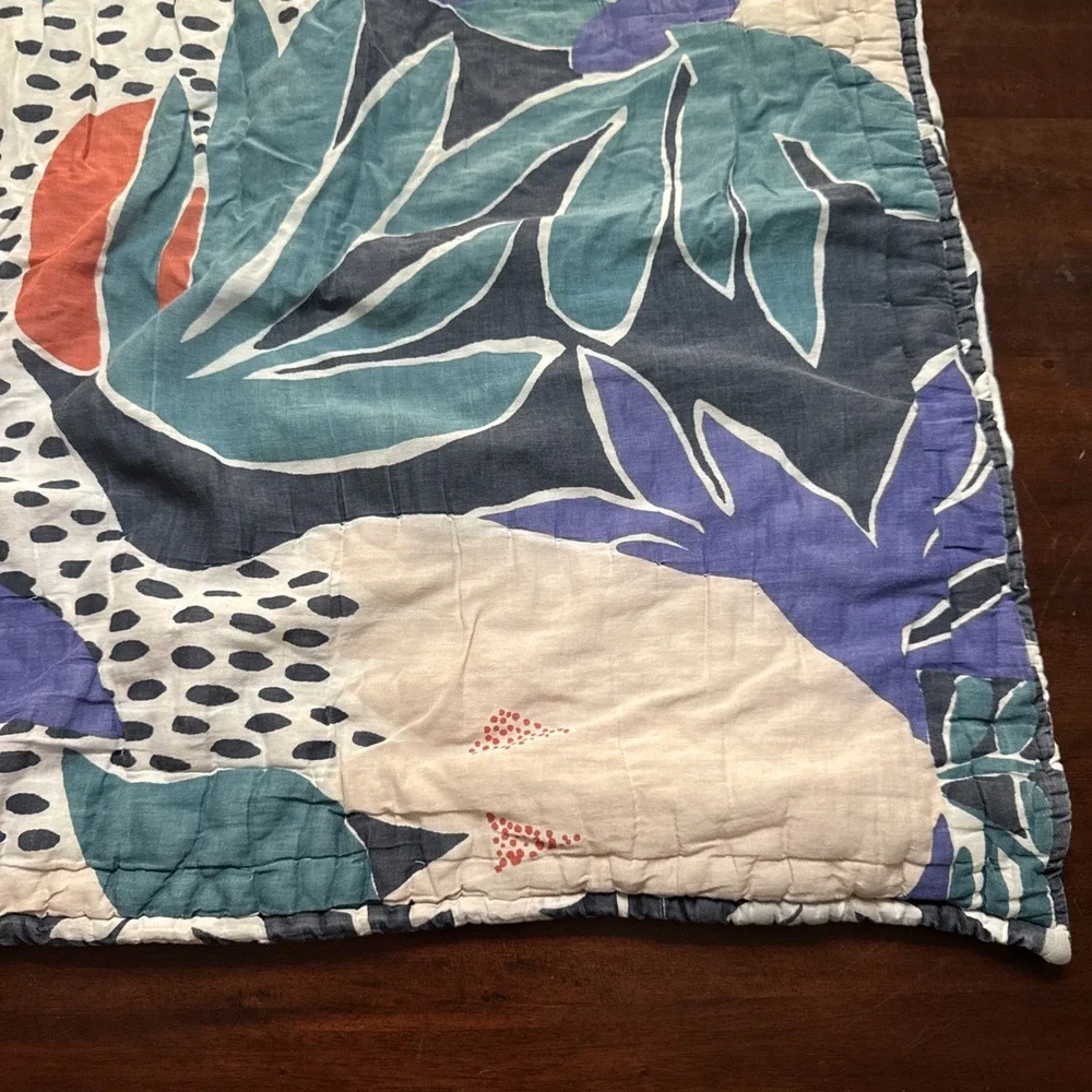 Anthropologie Pillow Sham EURO Quilted Melbourne Tropical Print Blue AS IS